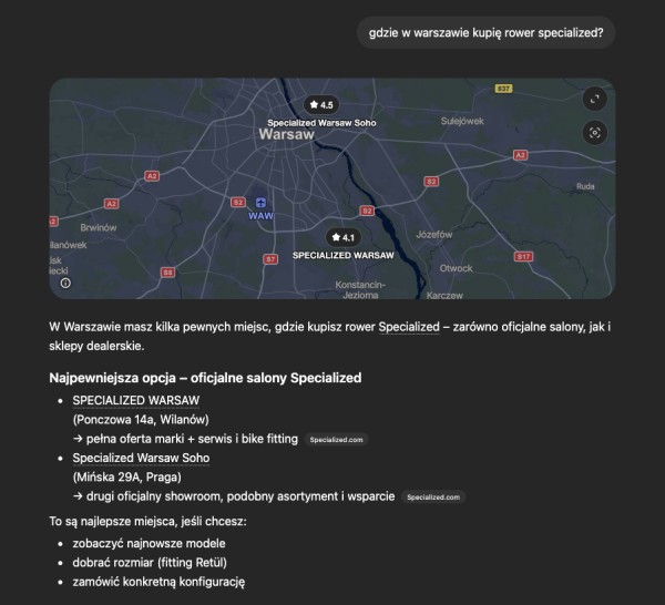 Rekomendacja sklepu w wynikach AI. Źródło: Chatgpt.com