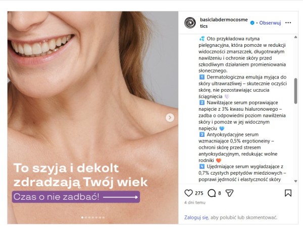Fragment opisu posta stanowi idealną bazę zautomatyzowanej wiadomości. Klientka mogłaby otrzymać listę produktów w odpowiedzi na hasło „PRECZ ZE ZMARSZCZKAMI”. Źródło: Instagram