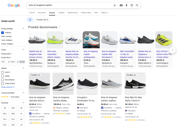 Przykładowa prezentacja ofert sponsorowanych i pozostałych wyników produktowych w Google Zakupy. Źródło: Google