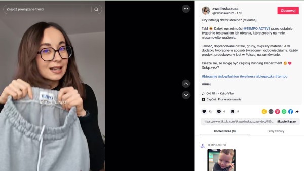 Post reklamowy u influencerki, którą obserwuje zaledwie 3000 osób. Produkt naturalnie wpisuje się w jej styl życia. Źródło: TikTok