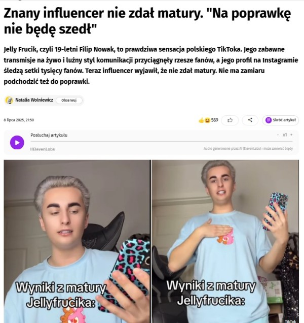 Sklep internetowy z produktami dla dzieci, który chce dotrzeć do świadomych, wymagających konsumentów, powinien unikać współpracy z kontrowersyjnymi influencerami, którzy mogą pośrednio zniechęcać dzieci do nauki. Źródło: Onet