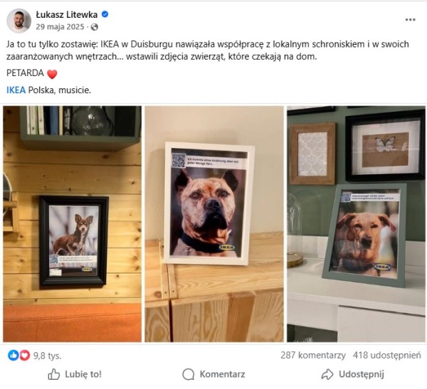 Strategia omnichannel może przewidywać współpracę sklepu stacjonarnego z lokalnym schroniskiem oraz przekazanie określonego procentu od zamówień online na potrzebujące zwierzęta. Źródło: Facebook