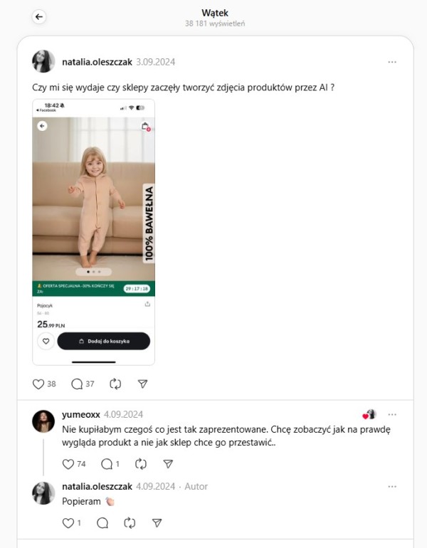 Konsumentki krytycznie odnoszą się do prezentacji produktów za pomocą AI. Źródło: Threads