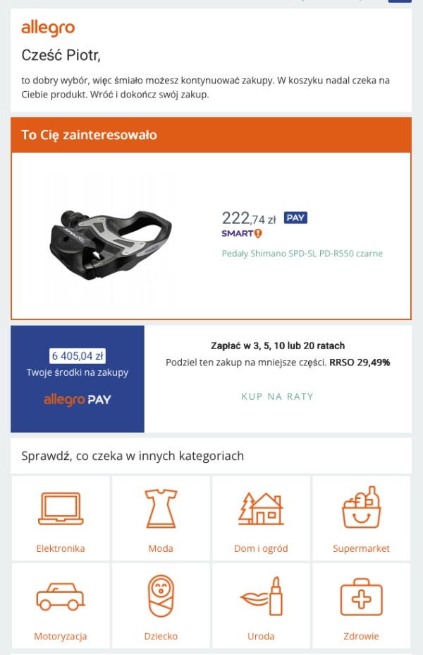 Spersonalizowany e-mail marketing retencyjny. Źródło: Allegro.pl