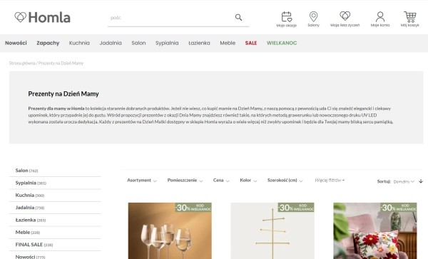 Kategoria produktowa na Dzień Matki, która jest dostępna z poziomu wyników wyszukiwania Google’a, ale nie menu sklepu internetowego promującego w tym momencie zakupy na Wielkanoc. Źródło: Homla