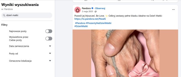 Wyniki wyszukiwania na frazę „Dzień Matki” na profilu Pandory na Facebooku. Źródło: Facebook
