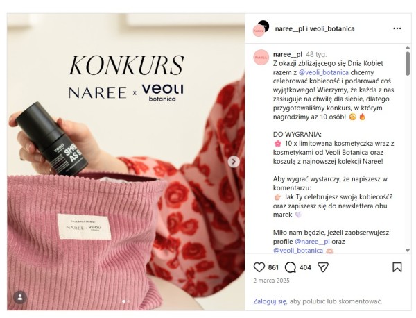 Konkurs z okazji Dnia Kobiet dla obserwatorek kobiecych marek na Instagramie. Źródło: Instagram