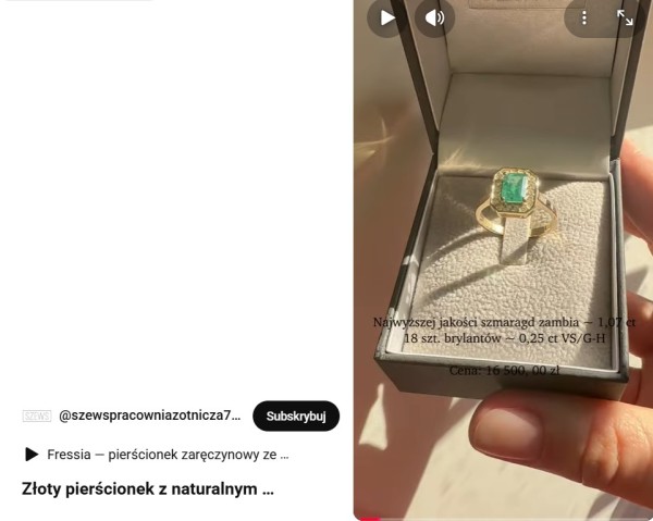 Prezentacja biżuterii w odpowiednim oświetleniu pozwala na uchwycenie blasku, który trudno wydobyć na statycznym zdjęciu. Źródło: YouTube