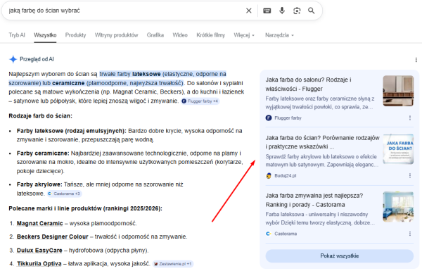 Widok odpowiedzi i źródeł AI w wynikach wyszukiwania zamiast klasycznych linków. Źródło: Google.com