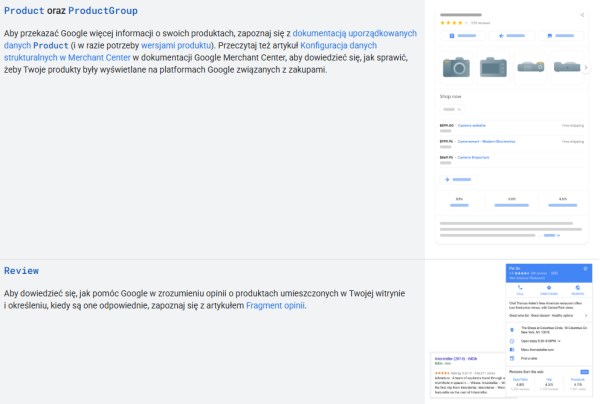 Google wskazuje Product, ProductGroup i Review wśród typów danych strukturalnych szczególnie istotnych dla e-commerce – pomagają one wyszukiwarce lepiej interpretować informacje o produktach i opiniach. Źródło: Google Search Central.