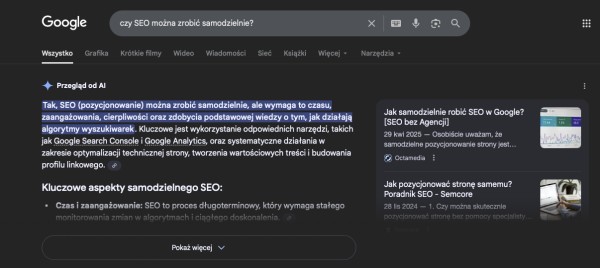 Automatyczna odpowiedź Google AI Overviews wraz z cytowaniami. Źródło: Google.pl