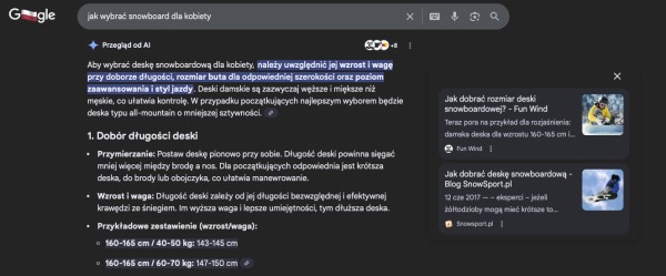 Przykładowa analiza AI Overviews – metoda manualna. Źródło: Google.pl