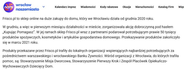 Materiał PR o akcji charytatywnej w serwisie informacyjnym nie ma charakteru sprzedażowego, ale buduje świadomość marki wśród konsumentów. Źródło: Wrocław Nasze Miasto