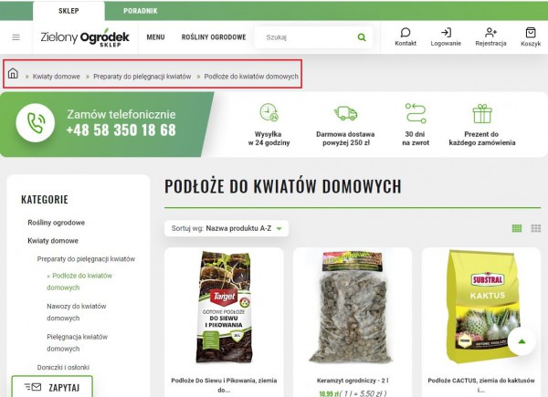 Breadcrumbs w sklepie internetowym uzupełnia menu główne oraz listę kategorii.