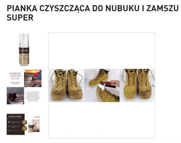 Zdjęcia „przed” i „po” na karcie produktowej pokazują efekt użycia pianki czyszczącej skórzane buty.