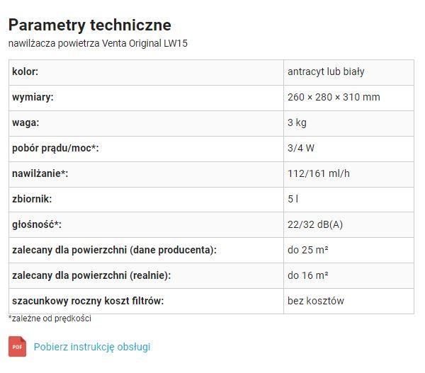 Tabela ze specyfikacją techniczną na karcie produktowej.