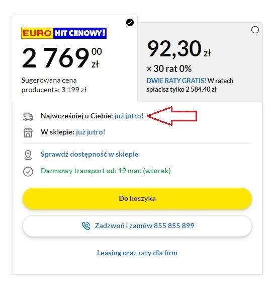 Interaktywna karta produktowa umożliwia sprawdzenie ceny, daty i sposobu wysyłki towaru bez opuszczania podstrony.