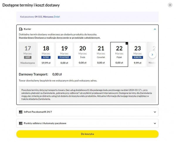 Okno pop-up z ceną, terminem i sposobem dostawy towaru wyświetlane nad kartą produktową w sklepie internetowym.