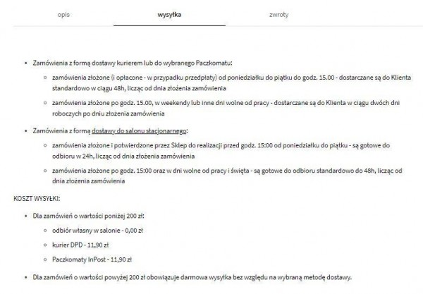 Informacje o czasie i koszcie dostawy w zakładce o wysyłce na karcie produktowej.