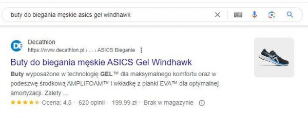Meta title karty produktowej w wynikach wyszukiwania Google’a odpowiada frazie kluczowej wpisanej przez użytkownika wyszukiwarki i nazwie produktu w sklepie internetowym.