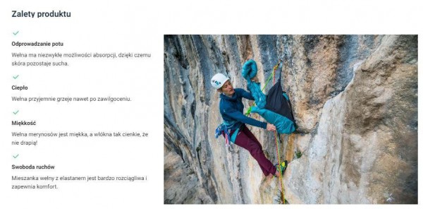 Wypunktowane najważniejsze cechy, zalety i korzyści produktu w sklepie sportowym.