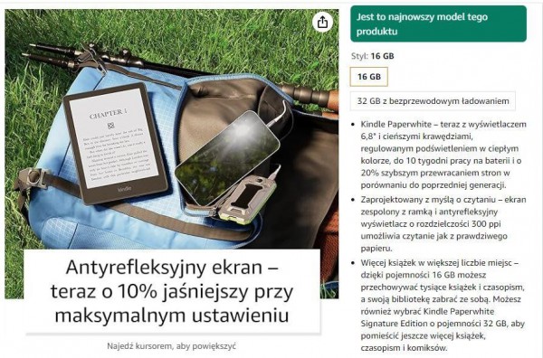 Lista najważniejszych korzyści dla potencjalnego użytkownika czytnika książek.