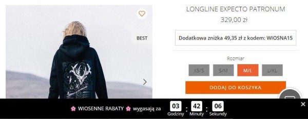 Karta produktu z informacją o aktualnej promocji. Sklep internetowy wyświetla kod rabatowy i kwotę zniżki dla danego produktu oraz pop-up z zegarem odliczającym czas.