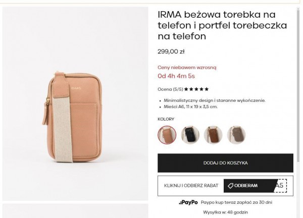 Komunikat ostrzegający klientki sklepu internetowego przed wzrostem cen. Zegar odliczający czas do podwyżki w połączeniu z możliwością odebrania rabatu potęguje chęć natychmiastowego złożenia zamówienia.