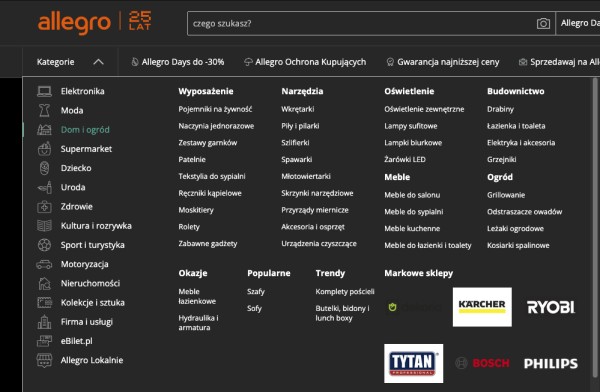 Co sprzedawać na Allegro – zawartość kategorii Dom i ogród. Źródło: Allegro