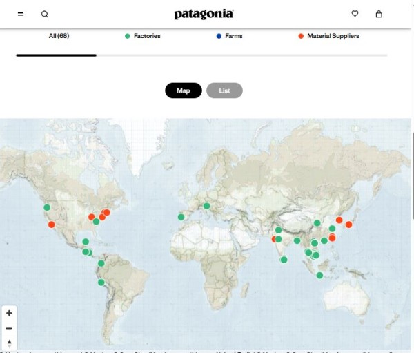 Mapa przedstawiające lokalizację dostawców materiałów i fabryki współpracujące z marką. Źródło: Patagonia