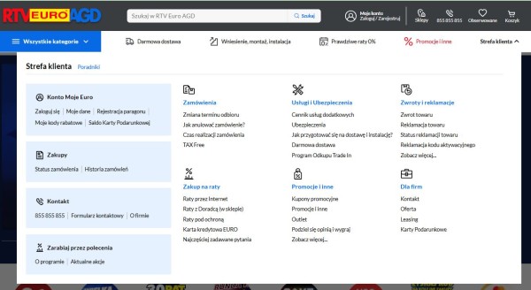 Link wewnętrzny do formularza kontaktowego umieszczony w Strefie klienta w menu sklepu internetowego. Źródło: RTV EURO AGD
