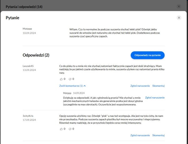 Sekcja pytań i odpowiedzi zastępująca tradycyjny formularz kontaktowy na podstronie produktu w sklepie internetowym. Źródło: RTV EURO AGD