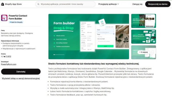 Klienci Shopify mogą korzystać z biblioteki wtyczek, które umożliwiają m.in. tworzenie zaawansowanych formularzy kontaktowych. Źródło: Shopify
