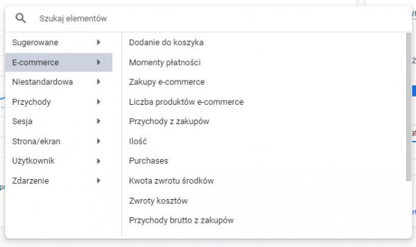 Przykładowe zdarzenia w GA e-commerce.