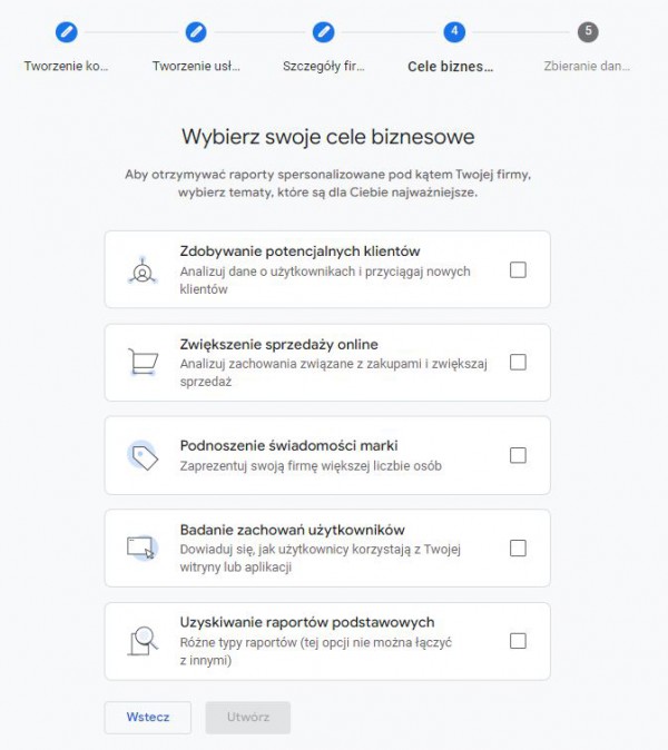 Cele biznesowe sklepu internetowego podczas zakładania konta Google Analytics.