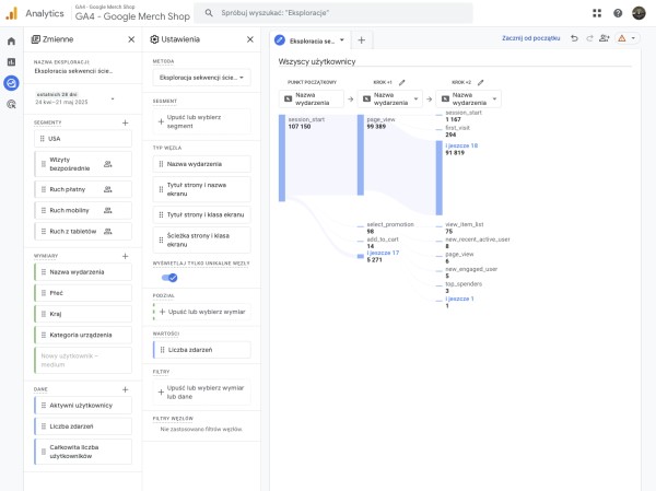 Konfiguracja raportu Path exploration GA4 e-commerce. Źródło: Analytics.google.com
