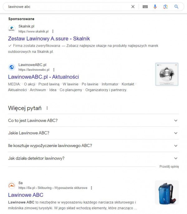Sponsorowane i organiczne wyniki wyszukiwania dla osoby szukającej informacji o lawinowym ABC.