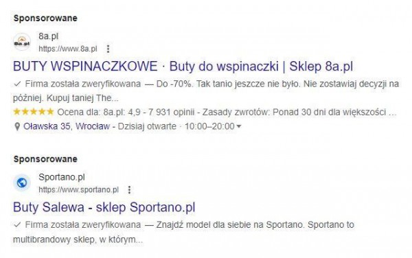 Reklamy tekstowe w kampanii Google Ads.