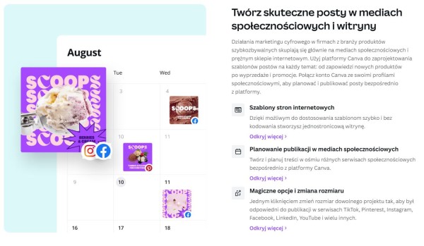 Płatna wersja Canvy pozwala na m.in. szybkie dostosowywanie rozmiarów grafik do różnych mediów społecznościowych. Źródło: Canva