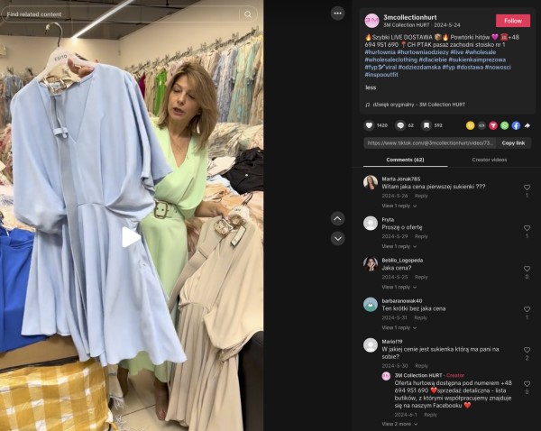 Prezentacja i sprzedaż ubrań na żywo. Źródło: TikTok.com