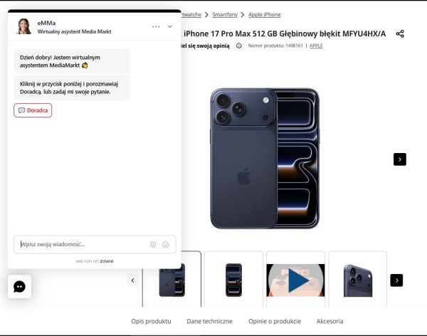 Zanim konsument porozmawia z realnym doradcą, może się skonsultować z wirtualną asystentką, która udzieli mu odpowiedzi na podstawowe pytania o produkt. Źródło: Media Markt