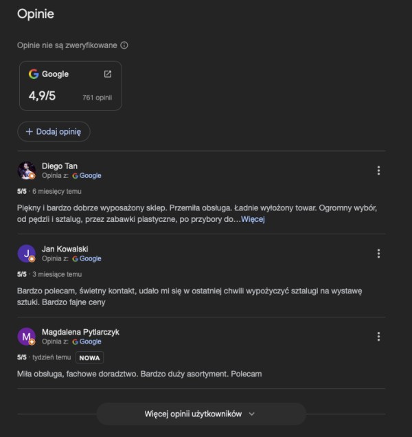 Przykłady opinii firmy w Google’u. Źródło: Google.pl