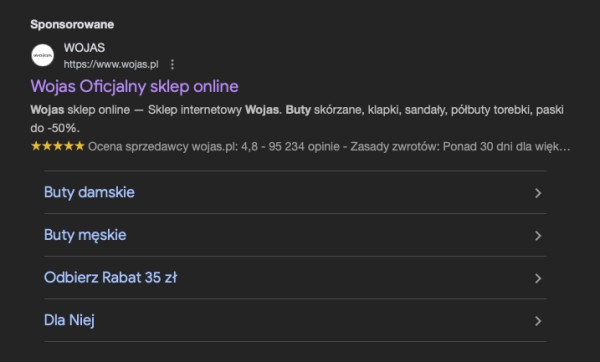 Opinie o sklepie w wynikach Google Ads. Źródło: Google.pl