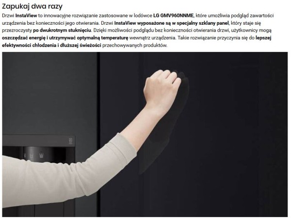 Opis lodówki wykorzystuje język korzyści. Szklany panel jest cechą, podgląd bez konieczności otwierania drzwi – zaletą, a dłuższa świeżość produktów – korzyścią. Źródło: MediaExpert