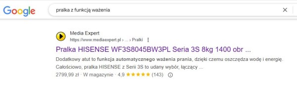 Karta produktowa wyświetlająca się w wynikach wyszukiwania Google’a na frazę „pralka z funkcją ważenia”. Źródło: Google