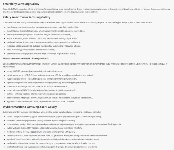 Opis kategorii z wypunktowaniami pozwala na szybkie przeskanowanie treści i zapoznanie się z najważniejszymi informacjami dotyczącymi produktów danej marki. Źródło: Media Markt
