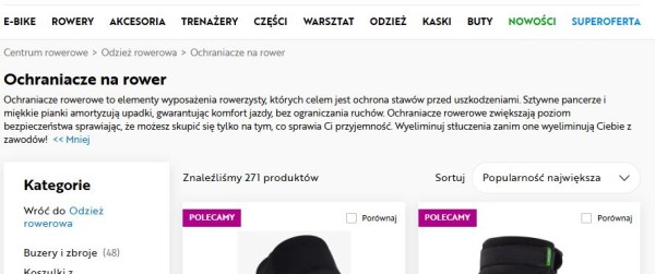 Opis kategorii definiuje ochraniacze na rower, co jest zbędne, ponieważ potencjalny klient wie, czym jest produkt, który zamierza kupić. Tylko ostatnie zdanie to pomysłowe CTA (Call To Action, czyli wezwanie do działania). Źródło: Centrum Rowerowe