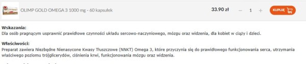 Neutralny opis suplementu diety odnosi się do udowodnionego działania nienasyconych kwasów tłuszczowych, które są obecne w składniku (oleju rybim). Źródło: Apteka Olmed