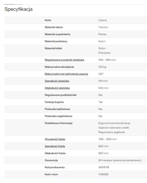 Specyfikacja techniczna pod opisem produktu w sklepie internetowym.