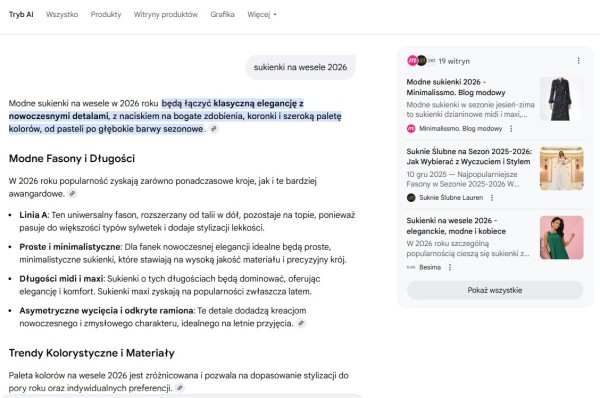 Odpowiedź wygenerowana przez sztuczną inteligencję z linkami do sklepów internetowych w zakładce Tryb AI. Źródło: Google